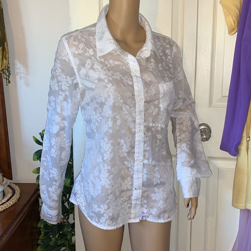 Vtg 90s sheer white hibiscus flower button down shirt blouse top M